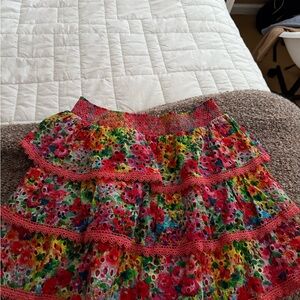 Alice + Olivia Multicolor Floral Tiered Ruffle Skirt with Coral Trim